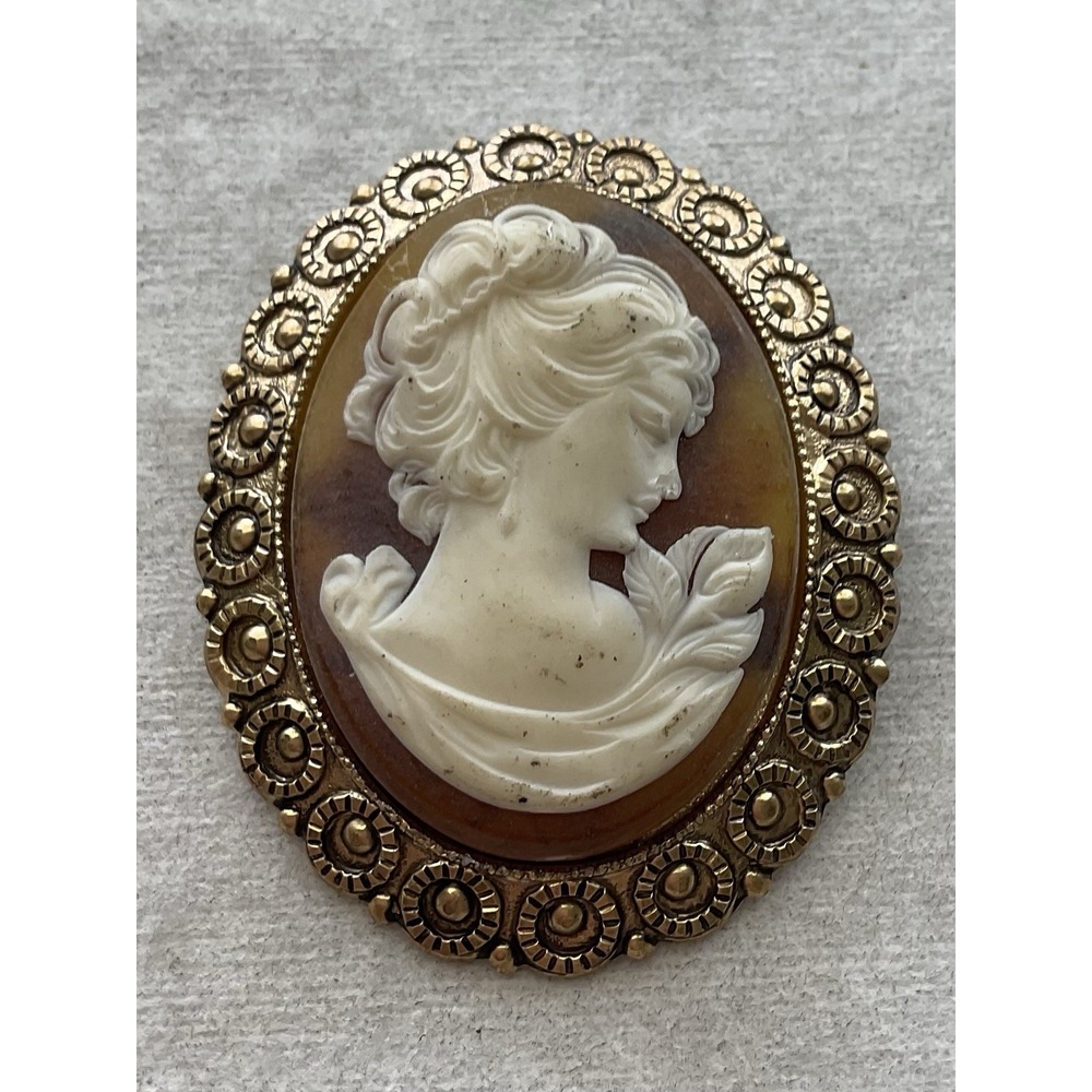vintage cameo brooch Oval Gold Tone Beige Profile Estate Jewelry